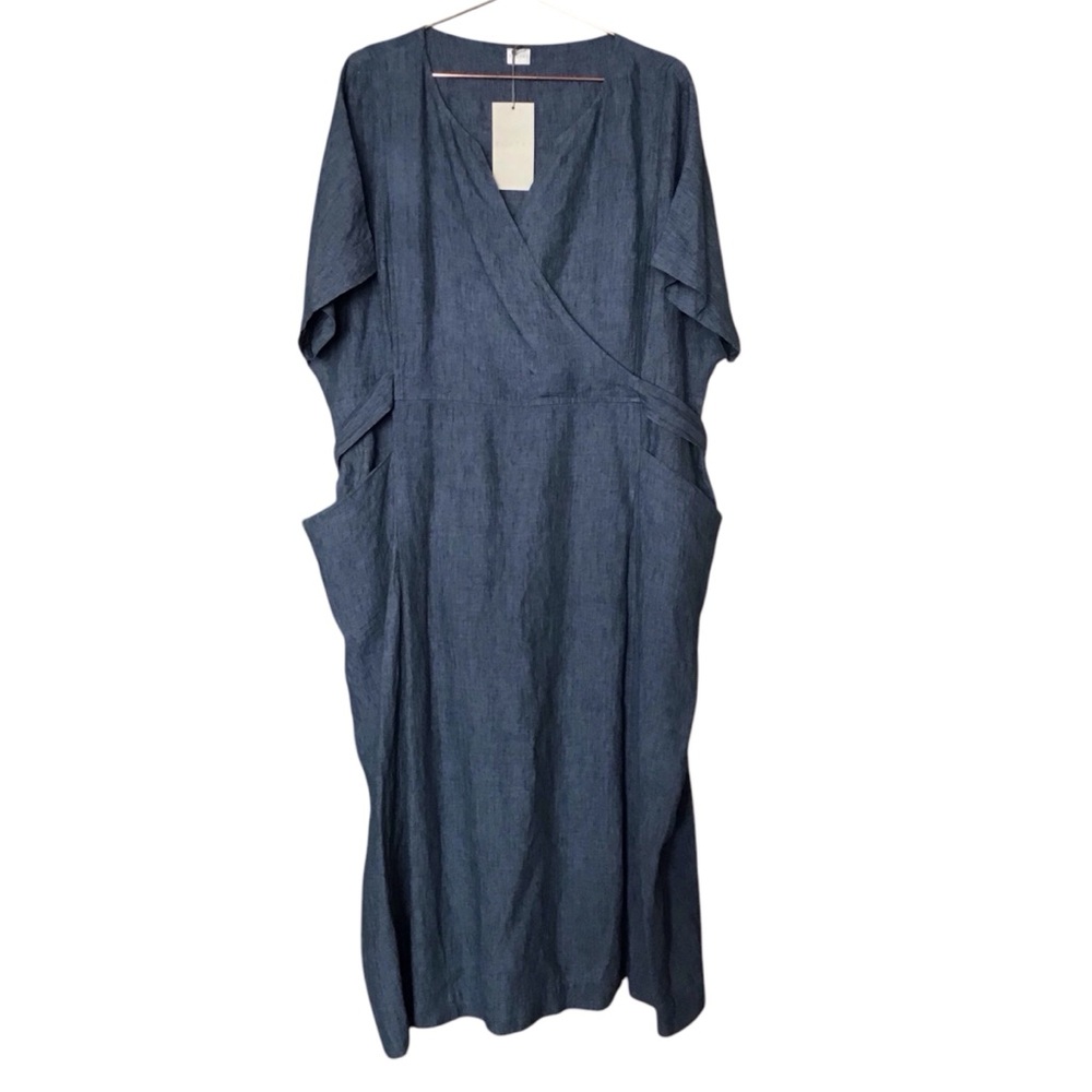 NWT POETRY Petrol Blue Linen Tie Back Midi Dress 18 Lagenlook Art To Wear Pocket - Picture 4 of 13